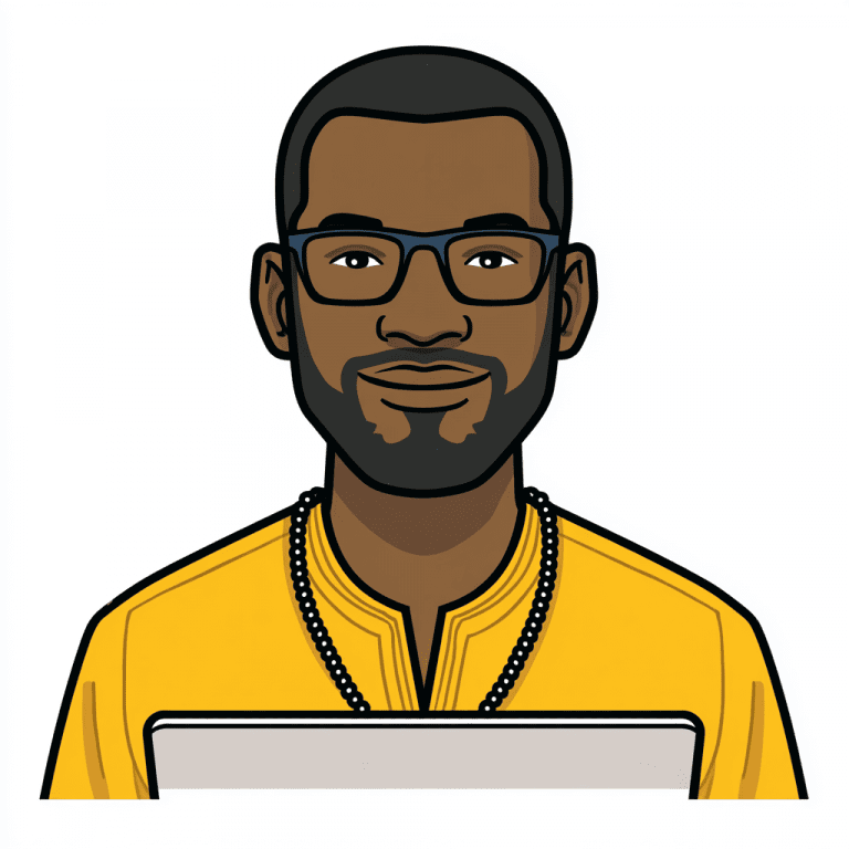 Marvin in yellow shirt with laptop